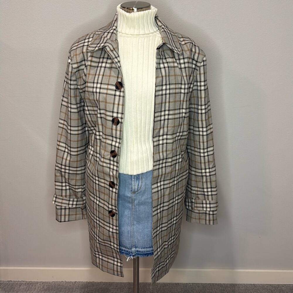 J. Ferrar Brown/White/Black Plaid Trench Coat Size L NWT